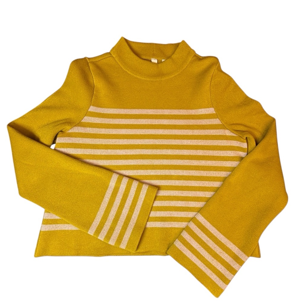 Anthropologie Moth Mustard Yellow Striped Mock Neck Bell Sleeve Sweater Sm Retro